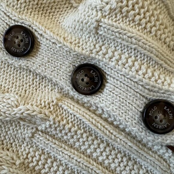 NWT Polo Ralph Lauren Cream 100% Cotton Cable Knit Leather Trim Button Sweater M - Picture 8 of 10